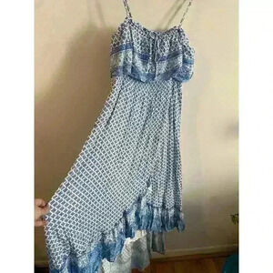 Lulus Moment of‎ Reflection Blue and White Print High-Low Maxi Dress Large